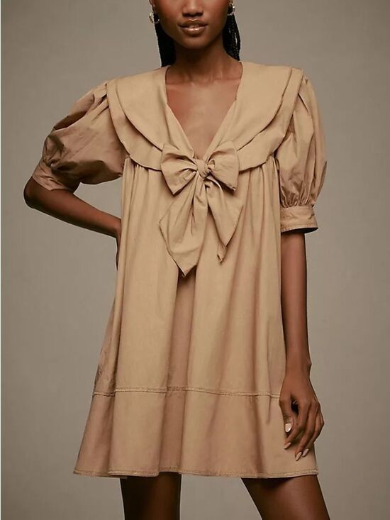 Anthropologie Dresses & Skirts - Anthropologie Pilcro Beige Babydoll Tunic Dress Bow Tie Sailor Collar Size S